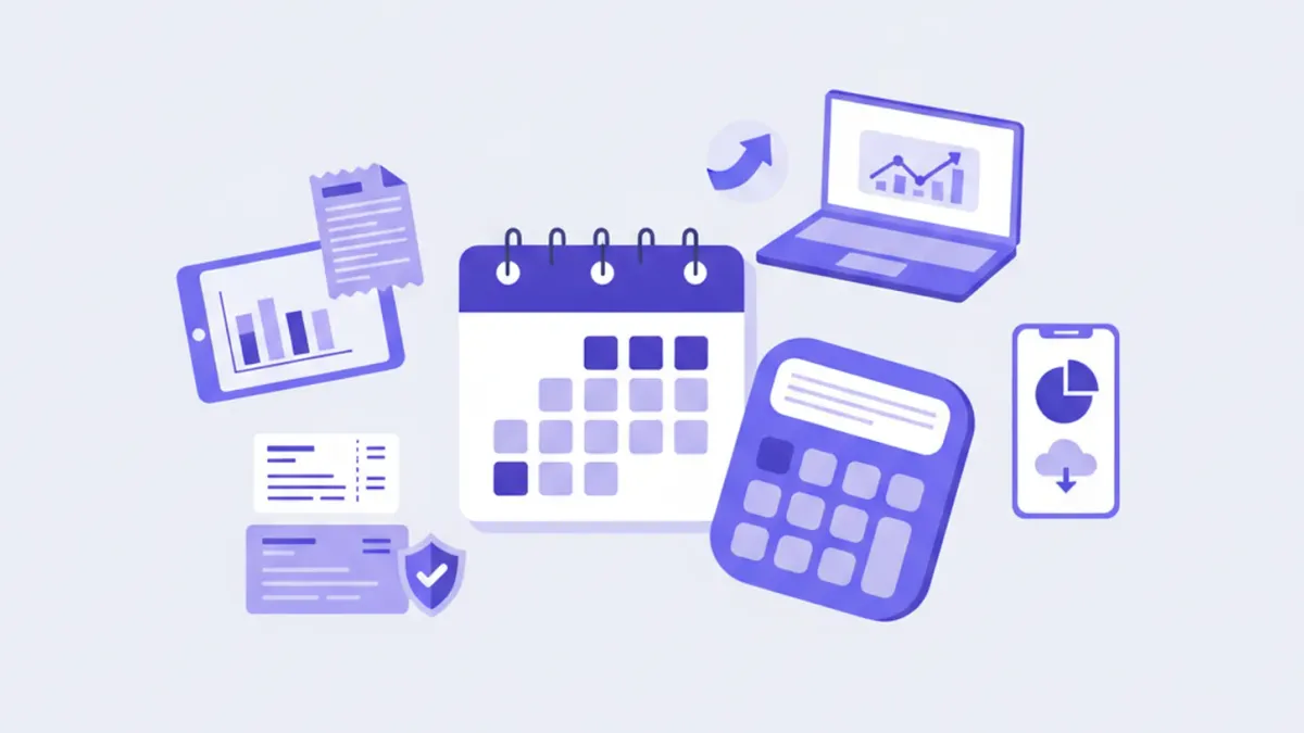 Ilustración vectorial de calendario con días de vacaciones marcados y calculadora de sueldos en tonos violeta y azul