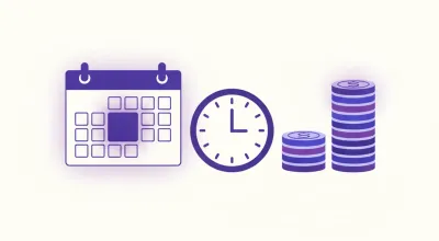 Calendario con un día resaltado, reloj y dos pilas de monedas de distinta altura: cómo se paga un feriado trabajado