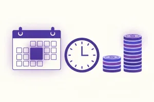 Calendario con un día resaltado, reloj y dos pilas de monedas de distinta altura: cómo se paga un feriado trabajado