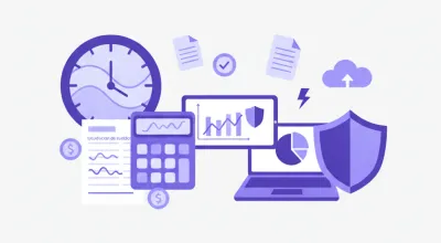 Ilustración vectorial plana sobre cálculo de horas extra en Uruguay: reloj, calculadora y billetes en pesos uruguayos con colores violeta y azul