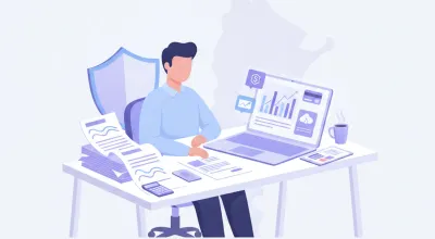 Persona revisando comprobantes de retención de impuestos en una oficina con notebook y calculadora