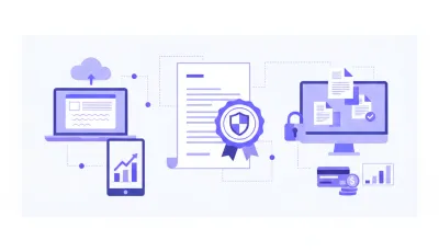 Diagrama flat vector que ilustra el proceso de alta como emisor electrónico ante la DGI en Uruguay, con íconos de documento digital, firma electrónica, certificado y conexión en tonos violeta y azul