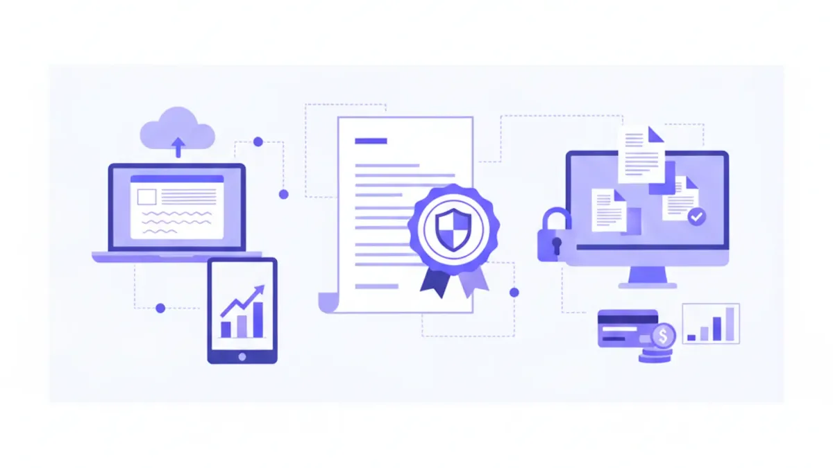 Diagrama flat vector que ilustra el proceso de alta como emisor electrónico ante la DGI en Uruguay, con íconos de documento digital, firma electrónica, certificado y conexión en tonos violeta y azul