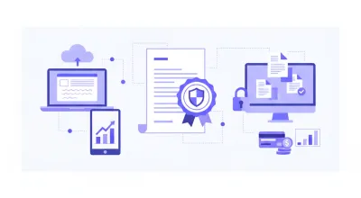 Diagrama flat vector que ilustra el proceso de alta como emisor electrónico ante la DGI en Uruguay, con íconos de documento digital, firma electrónica, certificado y conexión en tonos violeta y azul