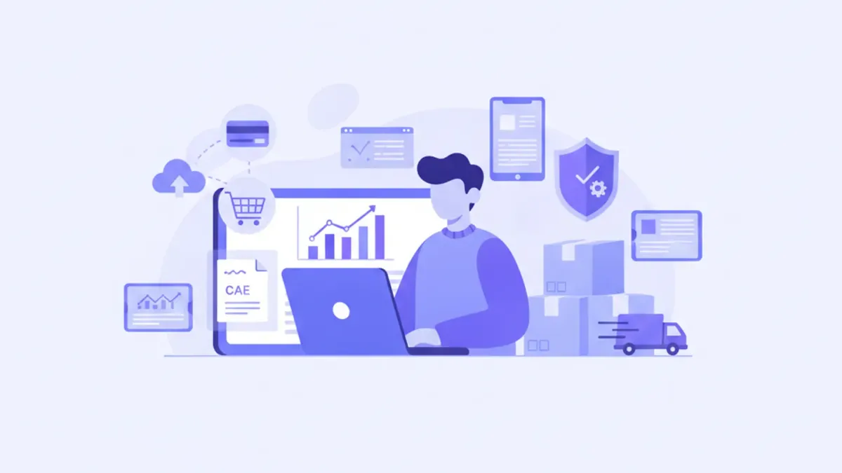 Ilustración vectorial plana violeta y azul: dueño de PyME argentina frente a laptop con gráficos de ventas, iconos de tienda online, factura electrónica y logística, sin texto