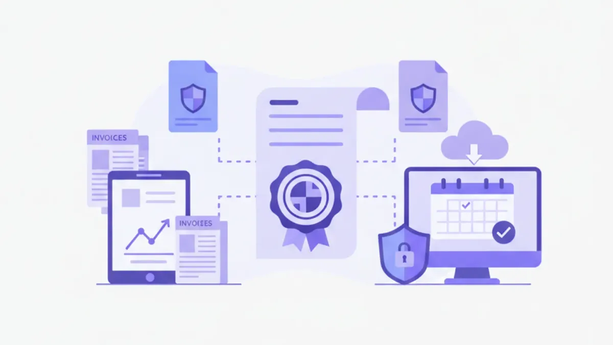 Ilustración vectorial de una firma electrónica digital con íconos de archivos .cer y .key, candado de seguridad y logotipo del SAT en tonos violeta y azul
