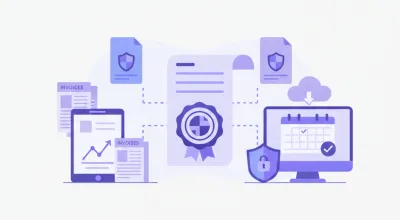 Ilustración vectorial de una firma electrónica digital con íconos de archivos .cer y .key, candado de seguridad y logotipo del SAT en tonos violeta y azul