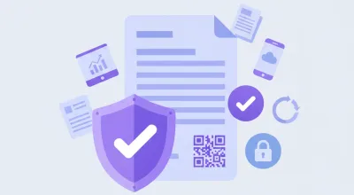 Ilustración vectorial de un documento CFDI digital con escudo de verificación y palomitas de validación en tonos violeta y azul