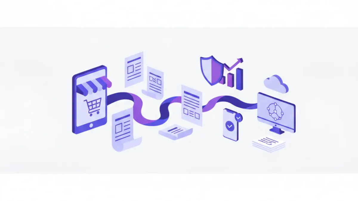 Ilustración flat vector violeta y azul de una tienda online con facturación electrónica