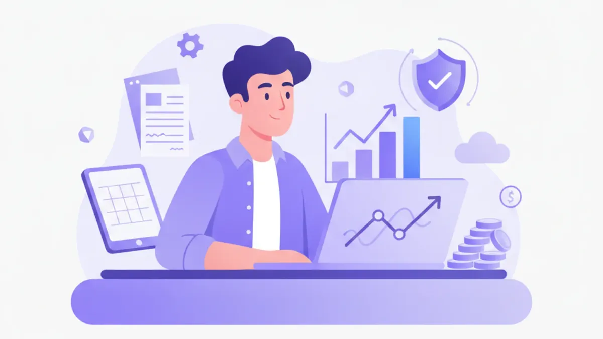 Emprendedor argentino analizando métricas de su tienda online propia en notebook, gráfico de ventas sin comisiones creciendo, colores violeta y azul corporativos YoFacturo