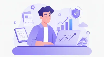 Emprendedor argentino analizando métricas de su tienda online propia en notebook, gráfico de ventas sin comisiones creciendo, colores violeta y azul corporativos YoFacturo