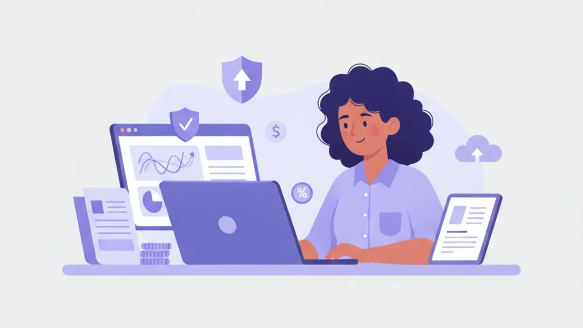Emprendedor argentino gestionando ventas por WhatsApp Business en notebook y celular, con facturas electrónicas ARCA en pantalla, estilo flat vector violeta azul