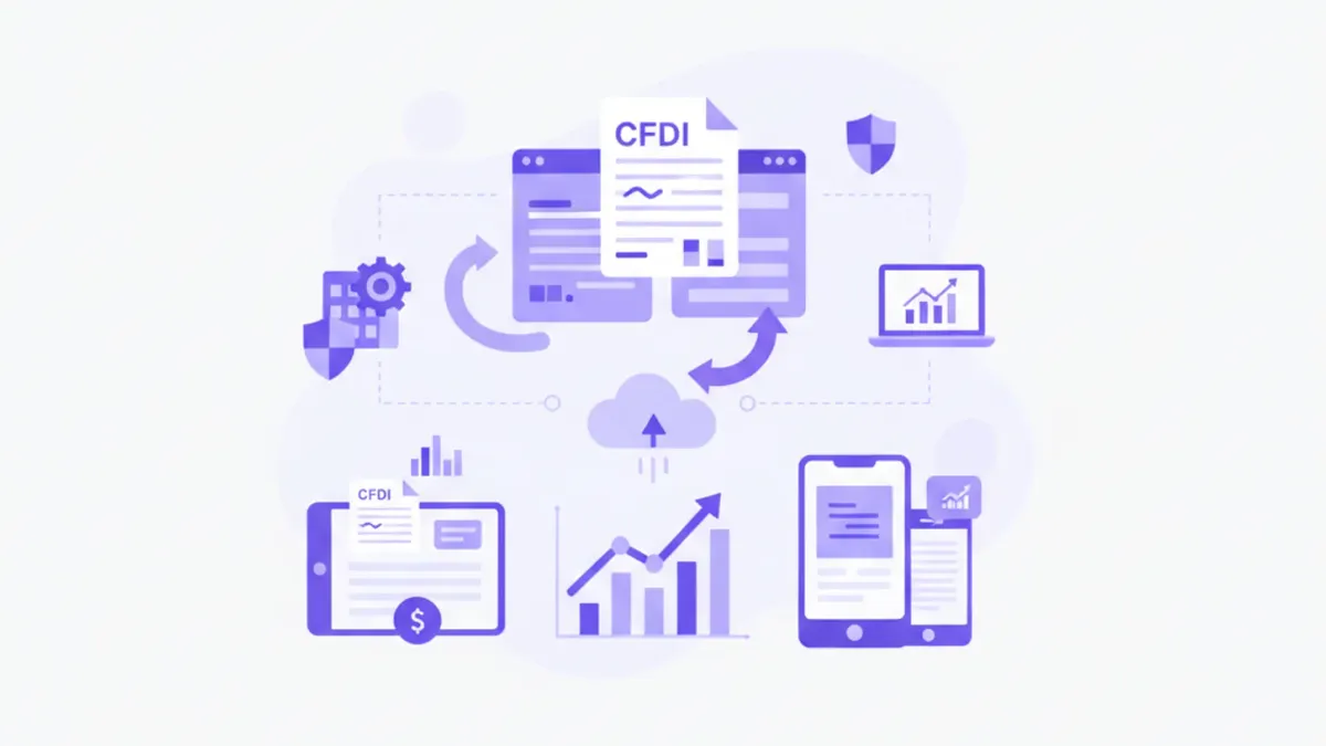 Ilustración vectorial del complemento de pago CFDI en México: documentos fiscales digitales, íconos de factura electrónica y flujos de pago en colores violeta y azul
