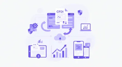 Ilustración vectorial del complemento de pago CFDI en México: documentos fiscales digitales, íconos de factura electrónica y flujos de pago en colores violeta y azul