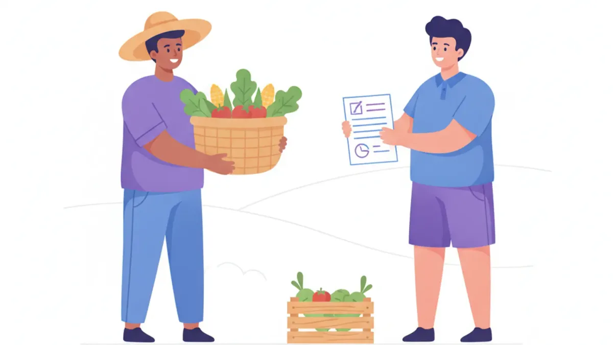 Ilustración de un productor vendiendo verduras a un comerciante con un documento de constancia
