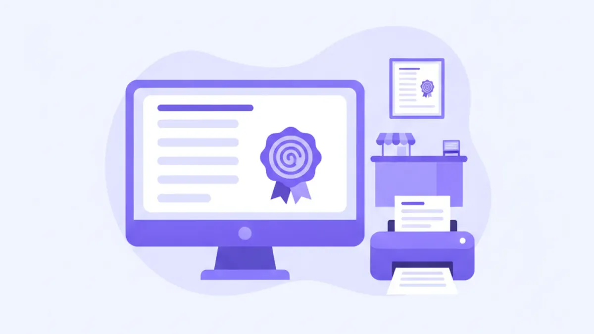 Ilustración de una pantalla con un certificado con sello, una impresora que lo imprime y el mismo certificado colgado sobre el mostrador de un comercio