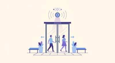 Ilustración de la puerta de entrada de un comercio con un pequeño sensor sobre el marco contando la silueta de las personas que entran y salen