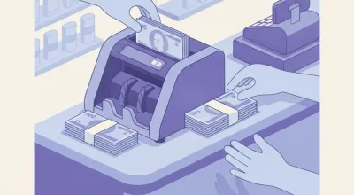 Ilustración de una contadora de billetes sobre el mostrador de un comercio contando un fajo de pesos argentinos