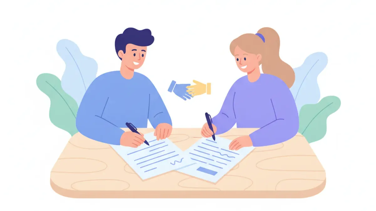 Ilustración de dos personas firmando un contrato sobre una mesa