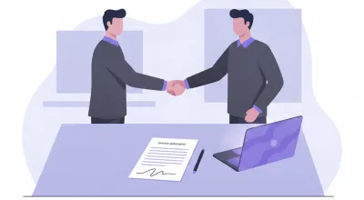 Dos profesionales cerrando un acuerdo de servicios con un contrato firmado sobre el escritorio