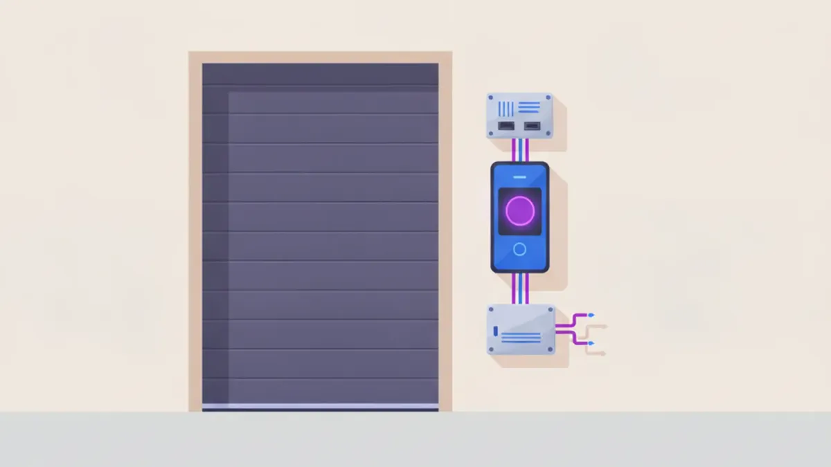 Ilustración de una puerta de depósito con un relé eléctrico y un lector de acceso junto al marco