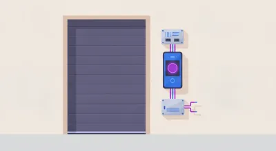 Ilustración de una puerta de depósito con un relé eléctrico y un lector de acceso junto al marco