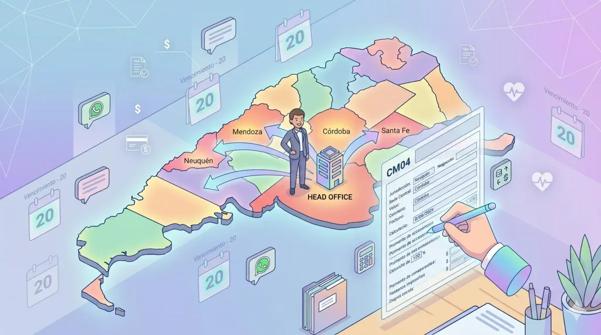 Persona de negocios sobre mapa de Argentina con flechas que conectan oficina central a varias provincias y un formulario CM04 siendo completado