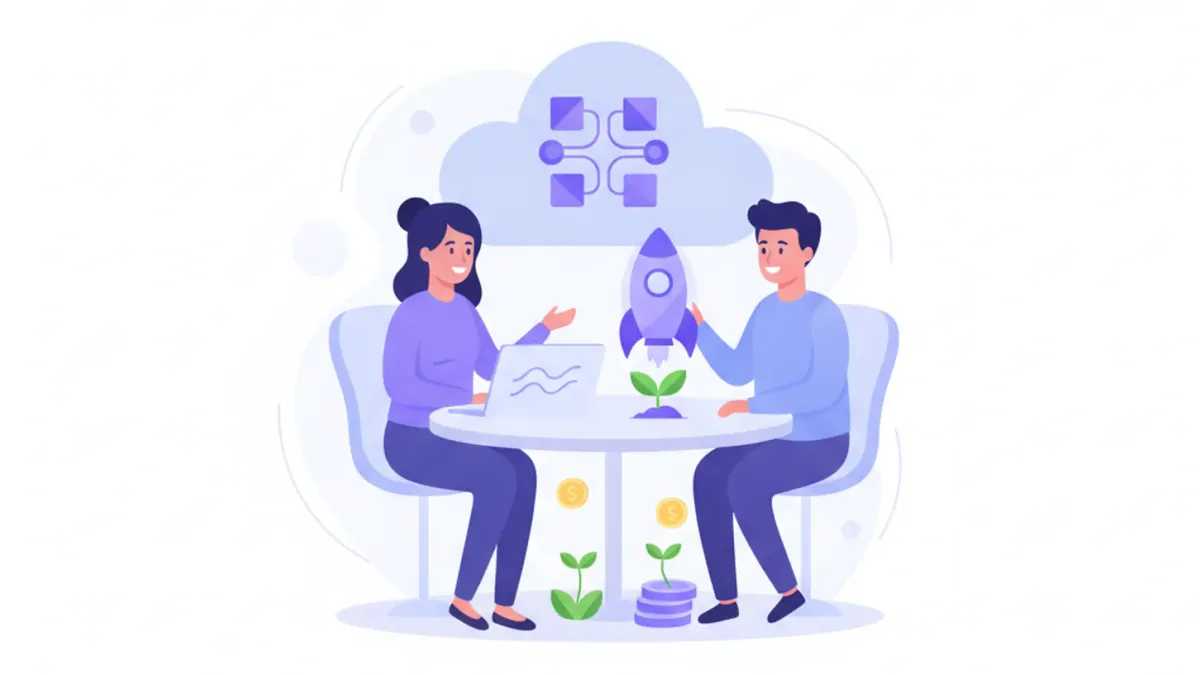 Dos emprendedores conversando en una mesa con un notebook, un cohete y brotes que crecen sobre monedas, que representan el financiamiento de una startup