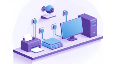Ilustración de un mostrador de comercio con la impresora, la balanza, la PC y una cámara IP conectadas cada una a su propia protección eléctrica