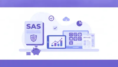 Ilustración de los costos de constituir una SAS en Uruguay: documentos, pesos uruguayos y organigrama empresarial en estilo flat violeta y azul