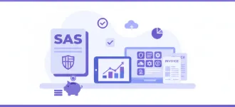 Ilustración de los costos de constituir una SAS en Uruguay: documentos, pesos uruguayos y organigrama empresarial en estilo flat violeta y azul
