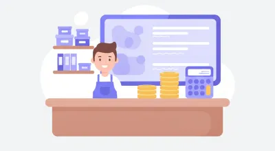 Comerciante detrás del mostrador con dos pilas de monedas de distinta altura, una calculadora y una pantalla con datos