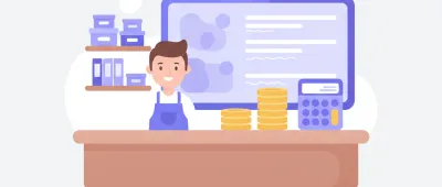 Comerciante detrás del mostrador con dos pilas de monedas de distinta altura, una calculadora y una pantalla con datos