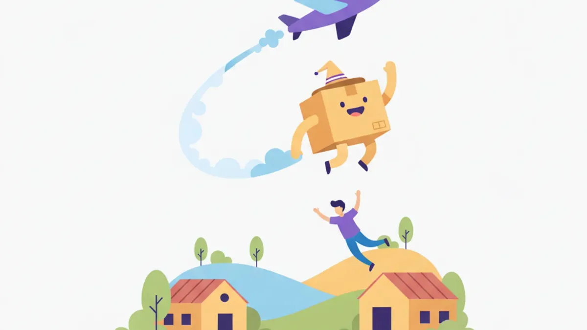 Ilustración de una caja viajando en avión desde una tienda online hasta una casa