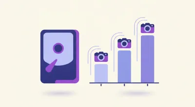 Ilustración de un disco duro junto a un gráfico de barras que representa los días de grabación disponibles por cámara