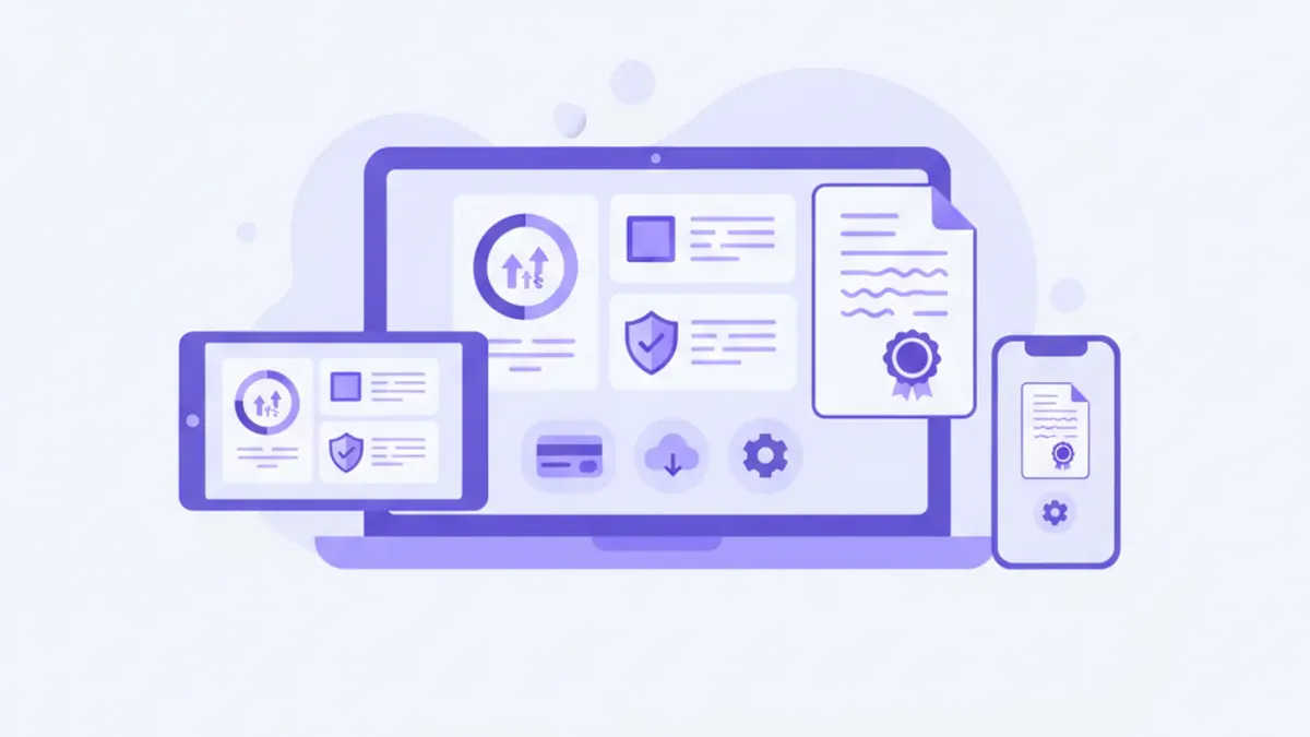 Ilustración vectorial de una tienda online con iconos de costos, impuestos y facturación en tonos violeta y azul.