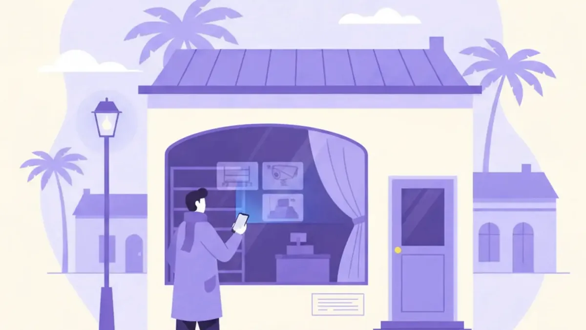 Ilustración de dos cámaras de seguridad de negocio, una etiquetada Dahua y otra Hikvision, montadas a los lados de la entrada de un local