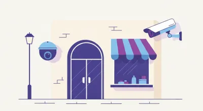 Ilustración de dos cámaras de seguridad de negocio, una etiquetada Dahua y otra Hikvision, montadas a los lados de la entrada de un local