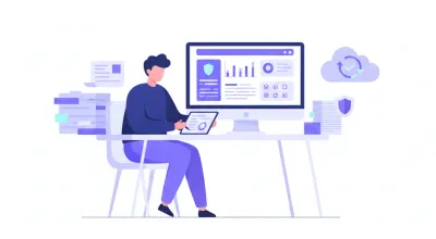 Ilustración vectorial plana de una persona física revisando documentos fiscales junto a íconos de calculadora, calendario de abril, pesos mexicanos y portal del SAT, en tonos violeta y azul marino
