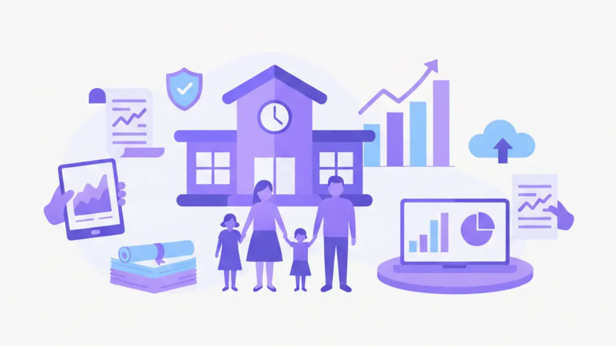 Ilustración vectorial de una familia mexicana con documentos fiscales, gorra de graduación, monedas con símbolo de peso y un edificio escolar, representando la deducción de colegiaturas ante el SAT