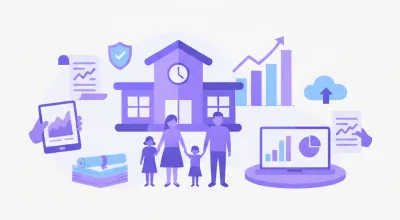 Ilustración vectorial de una familia mexicana con documentos fiscales, gorra de graduación, monedas con símbolo de peso y un edificio escolar, representando la deducción de colegiaturas ante el SAT