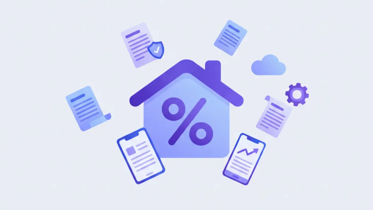 Ilustración flat vector de una casa con documentos fiscales y el logo del SAT en tonos violeta y azul representando la deducción de intereses hipotecarios en México