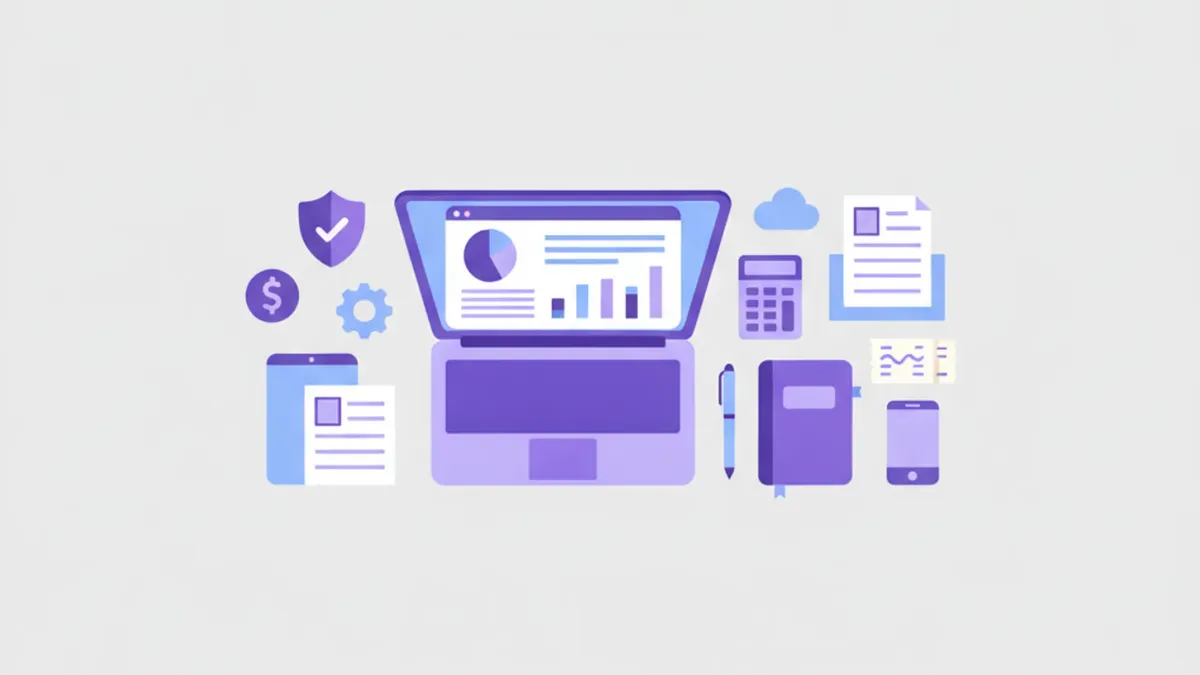 Ilustración flat vector de carga de deducciones de Ganancias en SiRADIG con formulario web, escudo fiscal y monedas en paleta violeta y azul