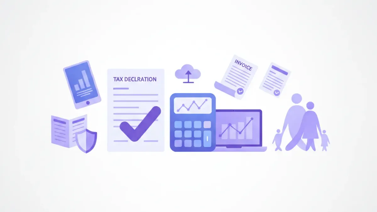 Ilustración flat con íconos de deducciones del IRPF en Uruguay: documentos, calculadora, familia y casa sobre fondo violeta y azul