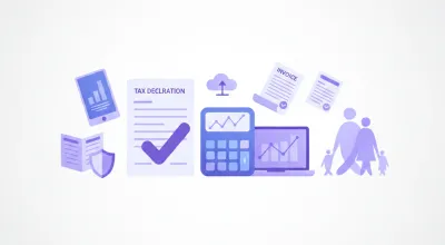 Ilustración flat con íconos de deducciones del IRPF en Uruguay: documentos, calculadora, familia y casa sobre fondo violeta y azul
