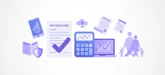 Ilustración flat con íconos de deducciones del IRPF en Uruguay: documentos, calculadora, familia y casa sobre fondo violeta y azul