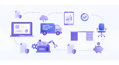 Ilustración flat vector de activos fijos como computadora, automóvil y maquinaria con íconos de porcentajes y documentos fiscales en tonos violeta y azul