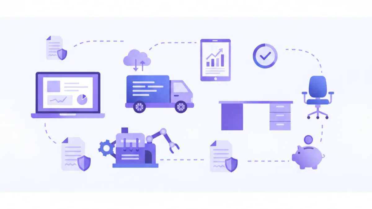 Ilustración flat vector de activos fijos como computadora, automóvil y maquinaria con íconos de porcentajes y documentos fiscales en tonos violeta y azul