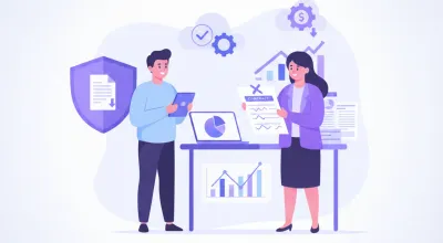 Ilustración vectorial de un trabajador y un empleador revisando un contrato de desahucio