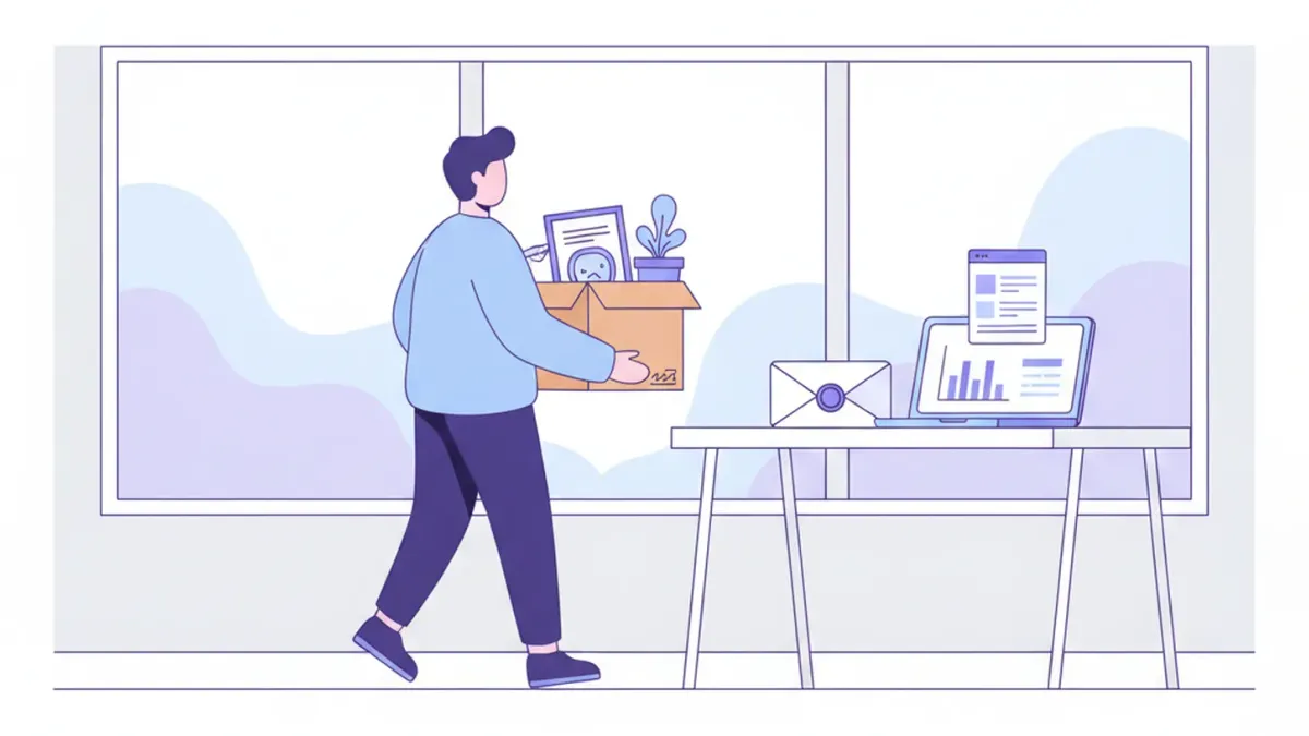 Empleado con una caja de cartón con sus pertenencias caminando en una oficina, junto a un escritorio con un sobre y una notebook, ilustración de un despido laboral